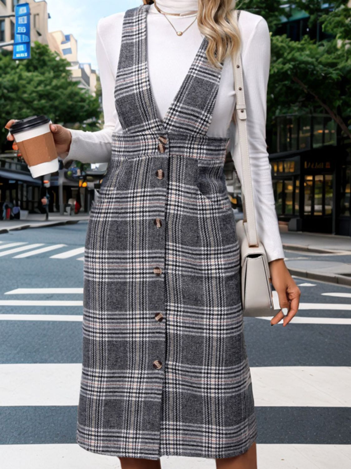 Perfee Pocketed Plaid Overall Dress